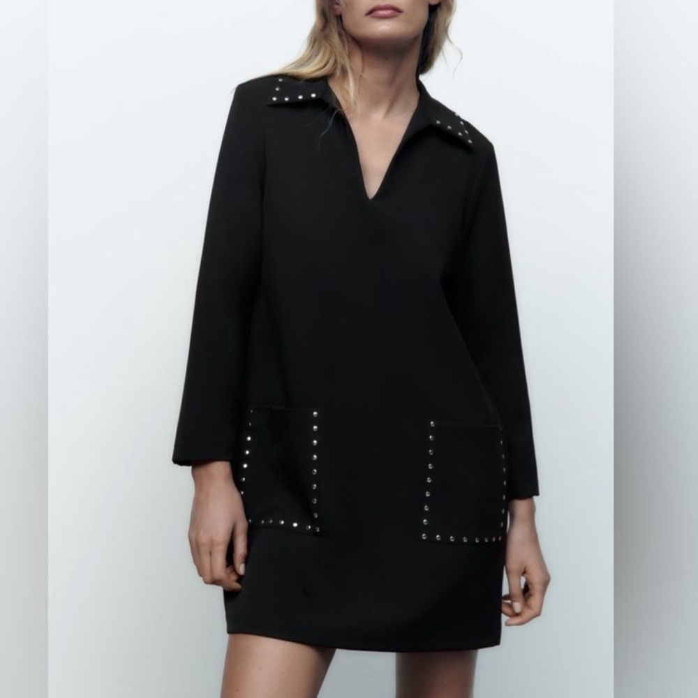 Zara Studded Polo Collar Dress in Black
